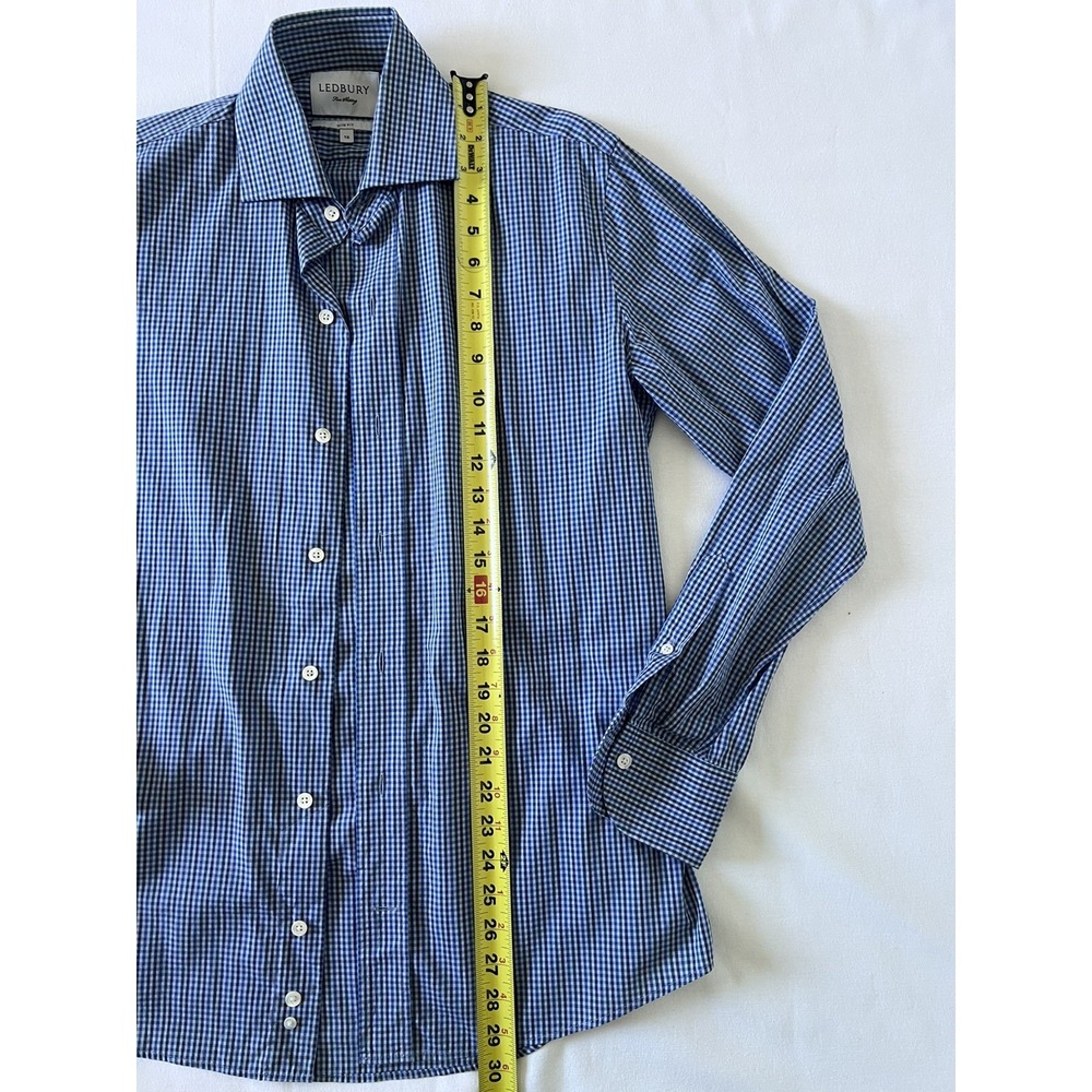 Ledbury Slim-Fit Blue Gingham Check Cotton Long Sleeve Collared Shirt Size 15 - Picture 6 of 8